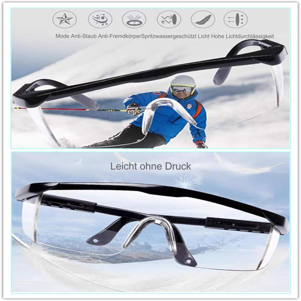 Zwei Schutzbrillen. Oben: Skifahrer. Unten: Brille mit Text 'Leicht ohne Druck'.