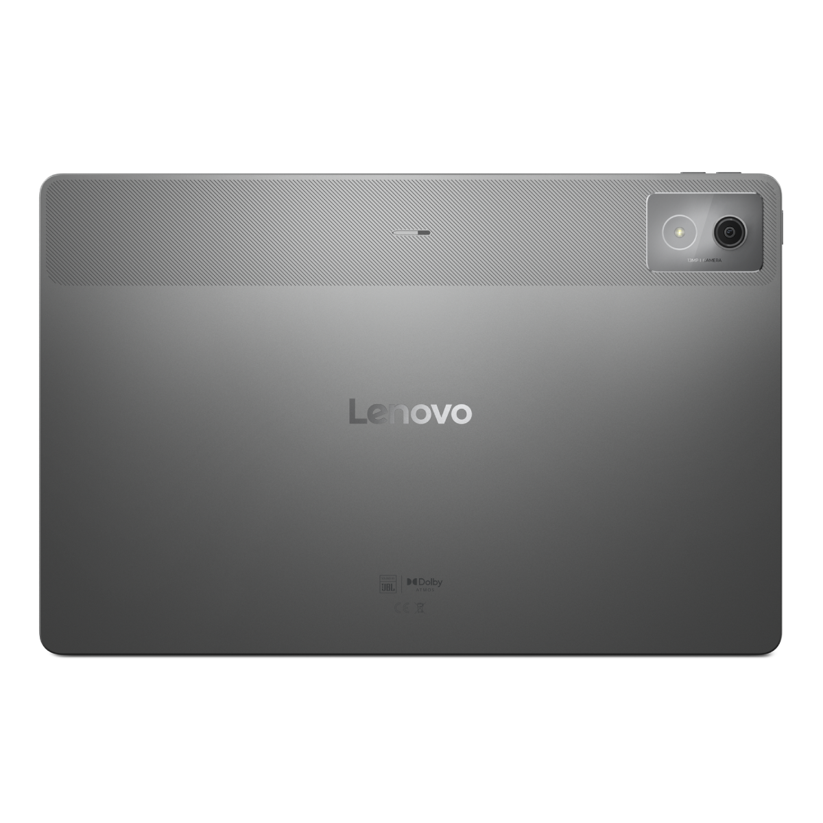 Szary tył tabletu Lenovo. Posiada aparat, logo Dolby i markę Lenovo. Gładkie wykończenie z teksturowaną górną częścią.