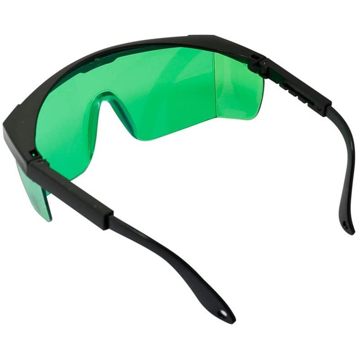 Grün getönte Schutzbrille mit schwarzem Rahmen. Die Brille ist nach oben geneigt und zeigt die Innenseite der Gläser.