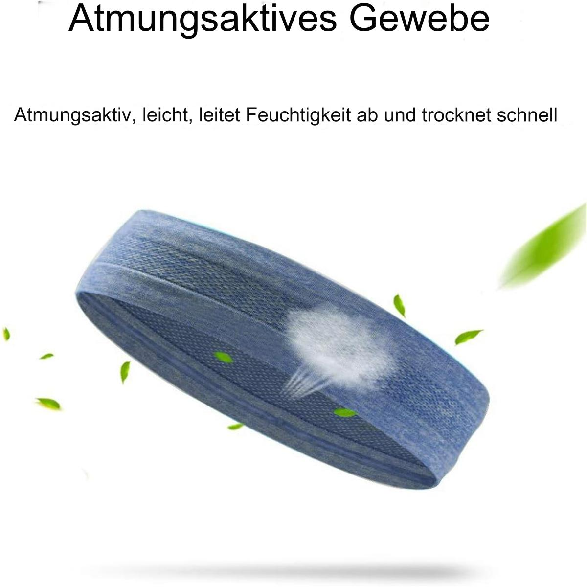 Blaues Stirnband mit deutschem Text, "atmungsaktives Gewebe". Grüne Blätter und weißer Dampf im Hintergrund, was Atmungsaktivität suggeriert.