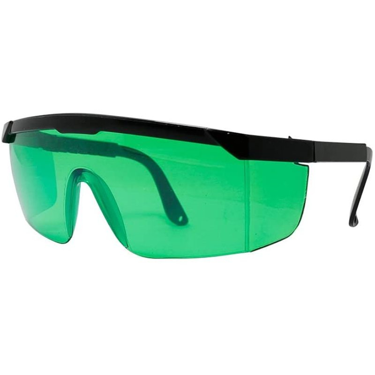 Grüne Schutzbrille mit schwarzen Rahmen. Die Gläser sind grün und die Rahmen schwarz. Die Brille befindet sich auf weißem Hintergrund.