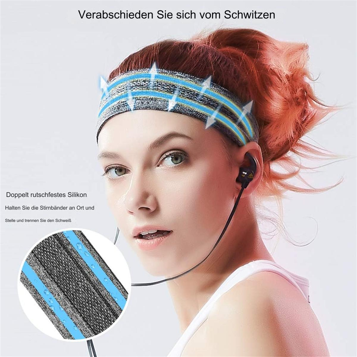 Eine Frau mit blauem Stirnband und Kopfhörern. Das Bild enthält Text auf Deutsch und eine Nahaufnahme des Stirnbandes.