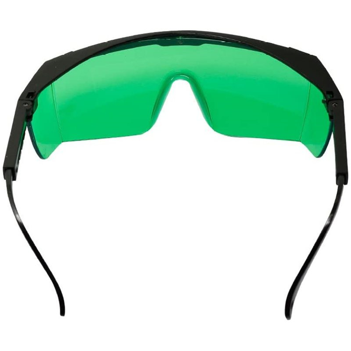 Sicherheitsbrille mit grünen Gläsern, schwarzem Gestell und Bügeln auf weißem Hintergrund. Die Gläser sind hellgrün.