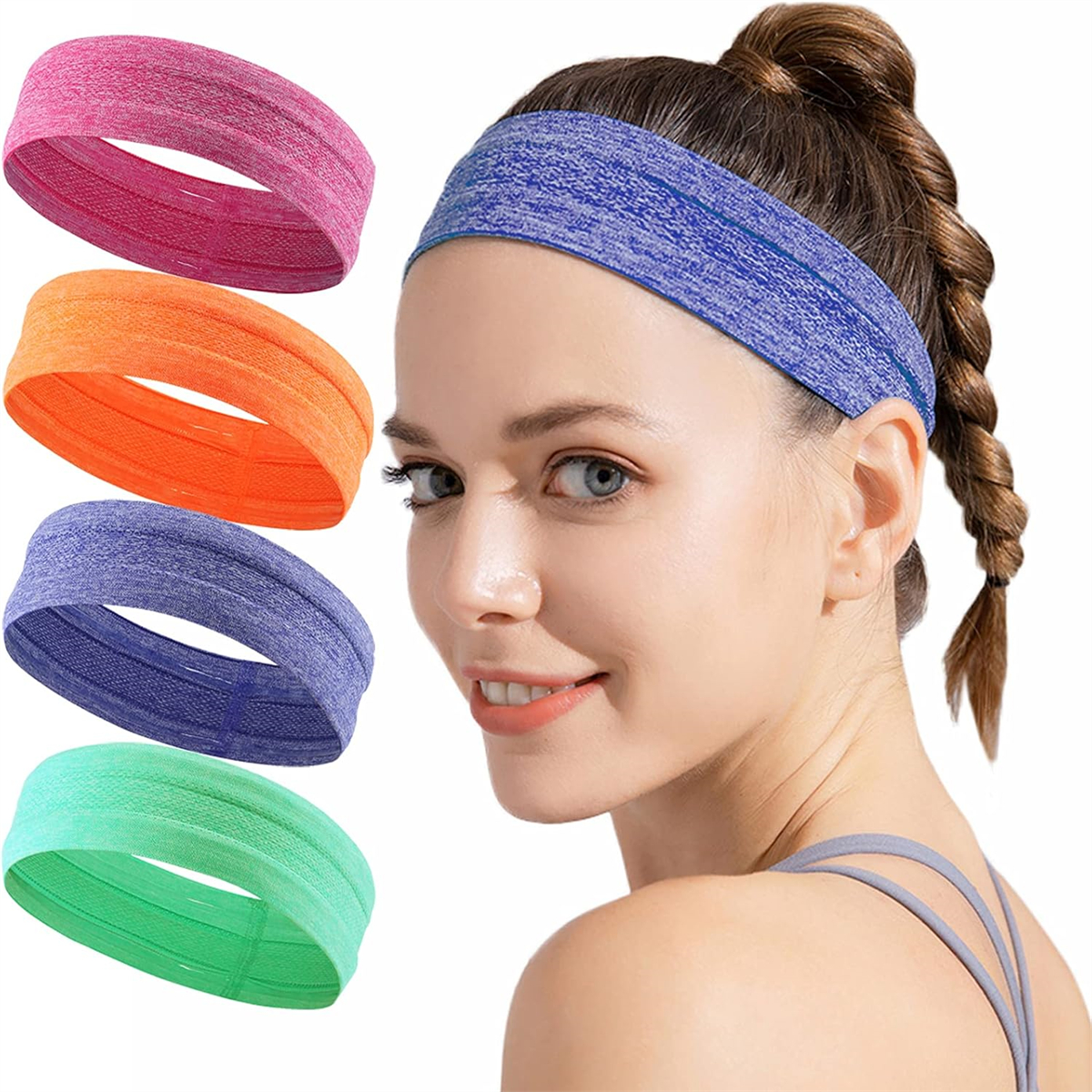 Eine Frau mit blauem Stirnband und bunten Stirnbändern. Sie hat geflochtenes Haar. Die Stirnbänder sind rosa, orange, blau und grün.