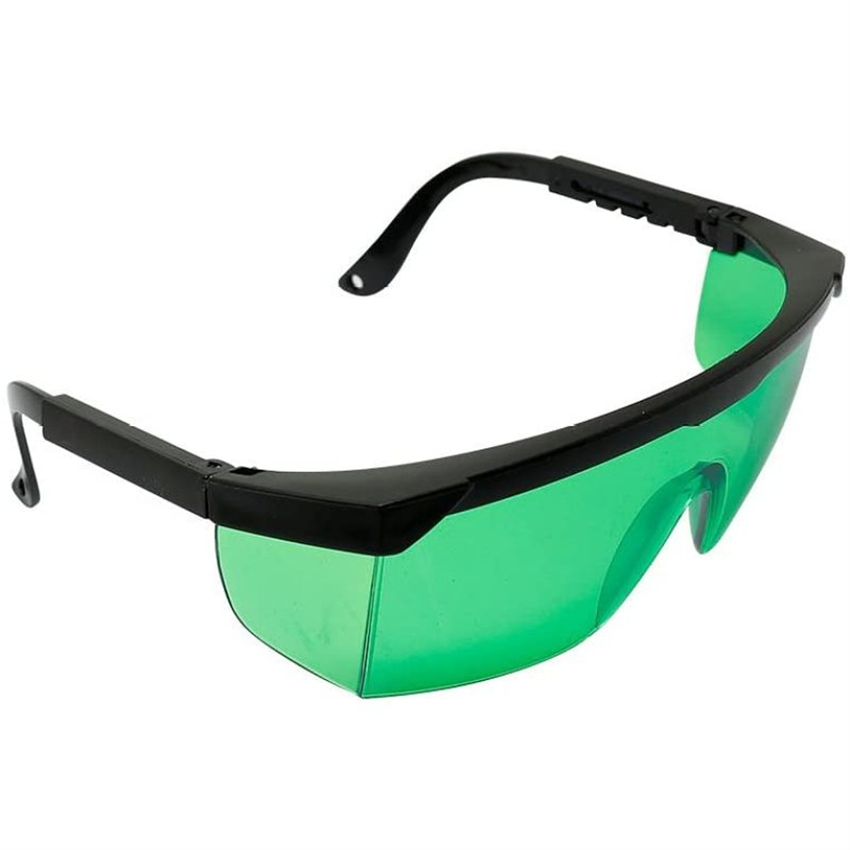 Schutzbrille mit schwarzem Rahmen und grünen Gläsern. Die Brille befindet sich auf weißem Hintergrund.