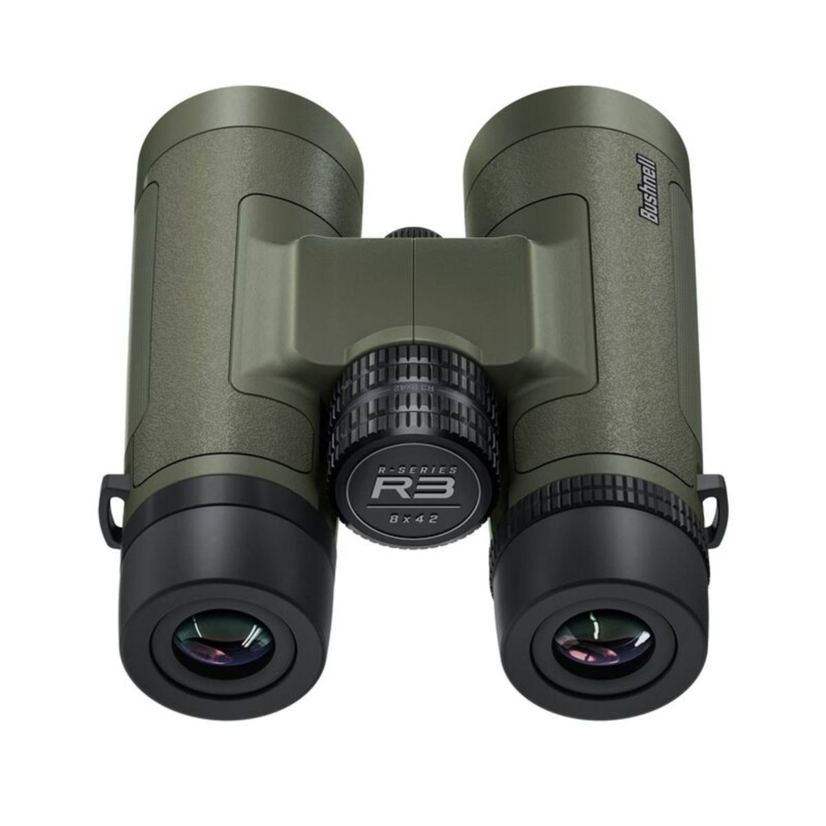 Grünes Bushnell R3 8x42 Fernglas auf weißem Hintergrund. Das Fernglas hat schwarze Akzente und einen zentralen Fokusknopf.