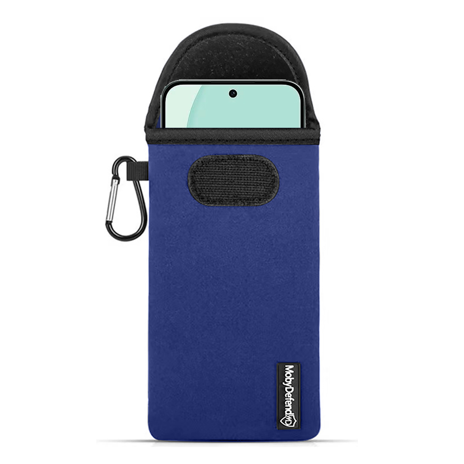 Un étui de téléphone bleu avec un dessus noir et un téléphone à l'intérieur. Il y a un mousqueton attaché sur le côté.