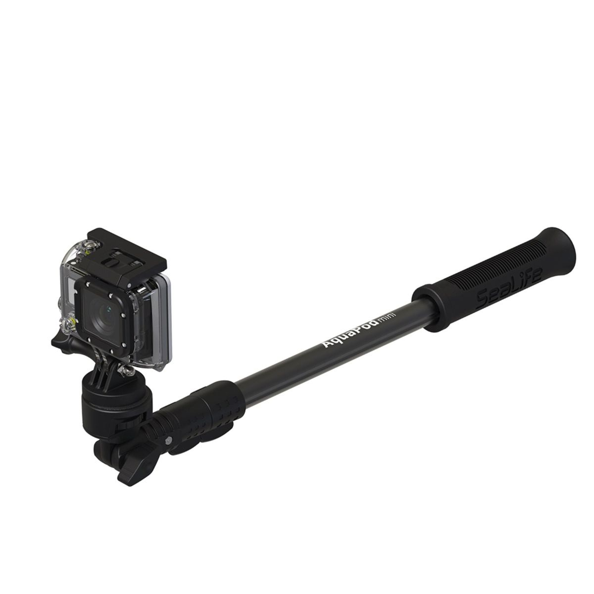Eine schwarze Action-Kamera an einem Selfie-Stick. Der Stick ist schwarz mit dem Aufdruck Aquapod mini. Der Griff hat Sealife drauf.