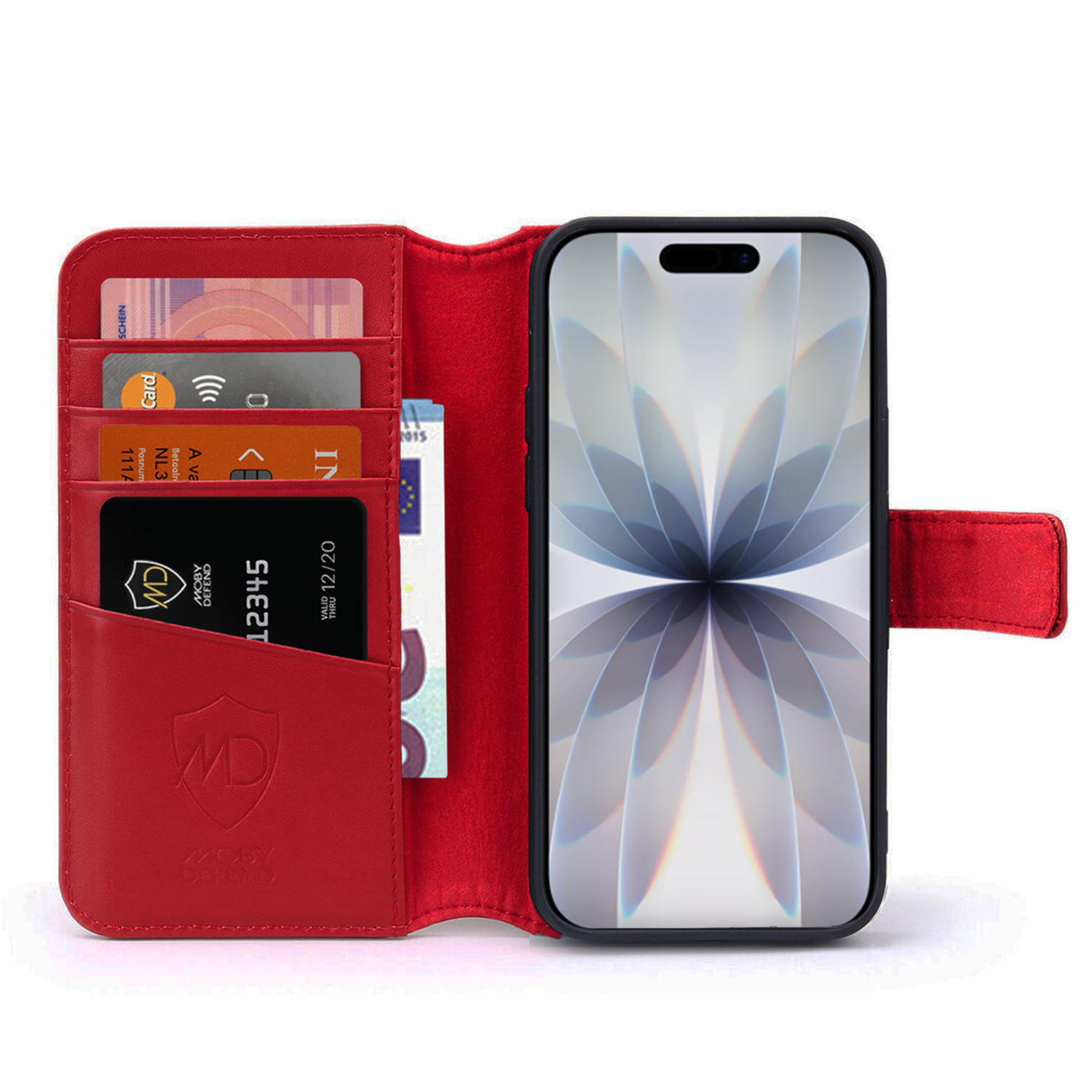 Rote Handyhülle mit Karten und einem Telefon. Das Telefon zeigt ein Blumendesign. Die Hülle hat einen Kartenhalter und einen Magnetverschluss.