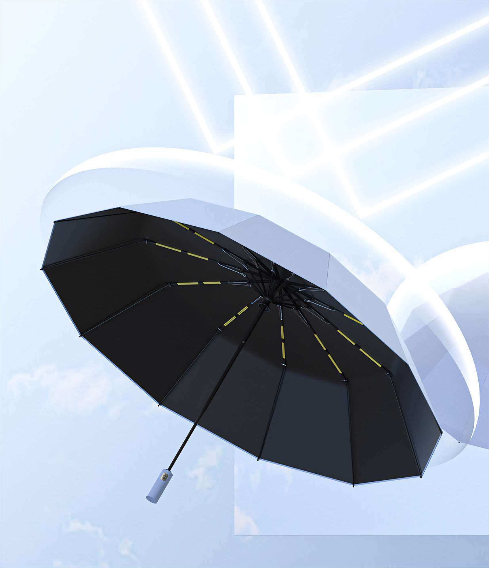 Schwarzer Regenschirm mit gelben Akzenten, geöffnet vor hellem Himmel. Weiße gekrümmte Strukturen im Hintergrund.
