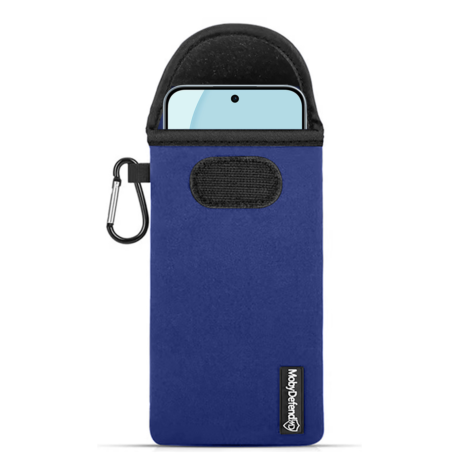 Un étui bleu pour téléphone contient un téléphone. L'étui a un dessus noir et une fermeture velcro. Un mousqueton est accroché sur le côté.