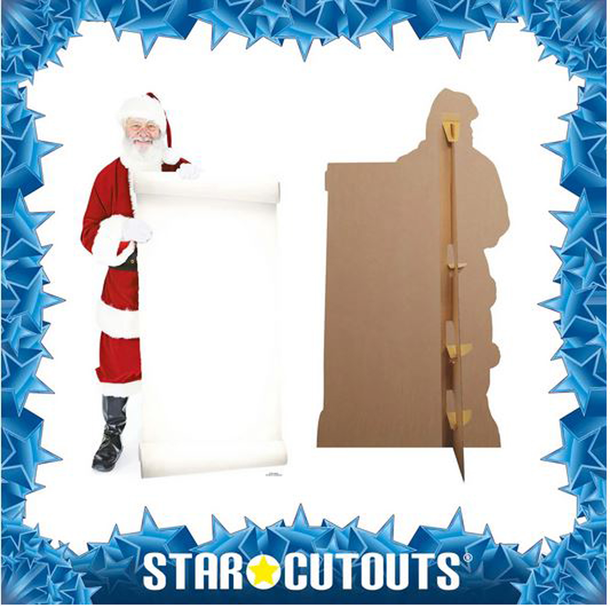 Der Weihnachtsmann hält eine Schriftrolle neben einem Papp-Weihnachtsmann. Ein blauer sternförmiger Rahmen umgibt das Bild.