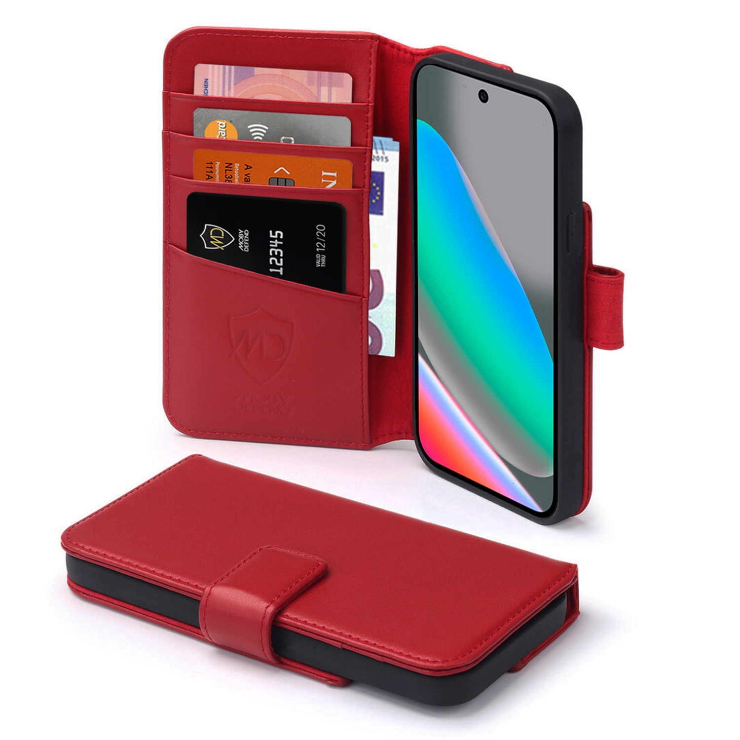 Un portefeuille en cuir rouge avec un téléphone et des fentes pour cartes. Le téléphone est noir avec un écran coloré. Les cartes sont visibles dans les fentes.