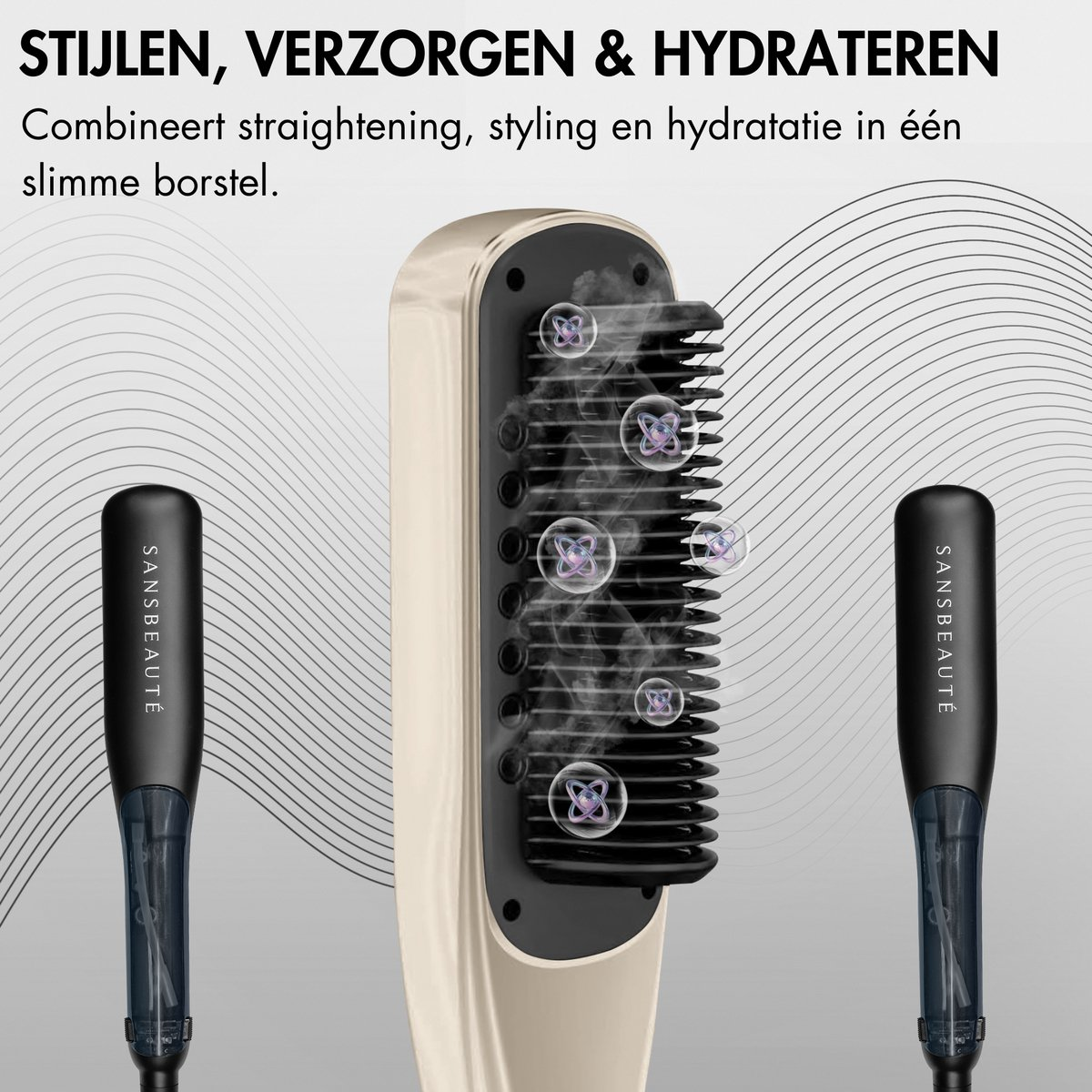 Una piastra per capelli con vapore. Il testo dice 'Styling, cura e idratazione'. Due manici neri ai lati. Il marchio è SansBeaute.