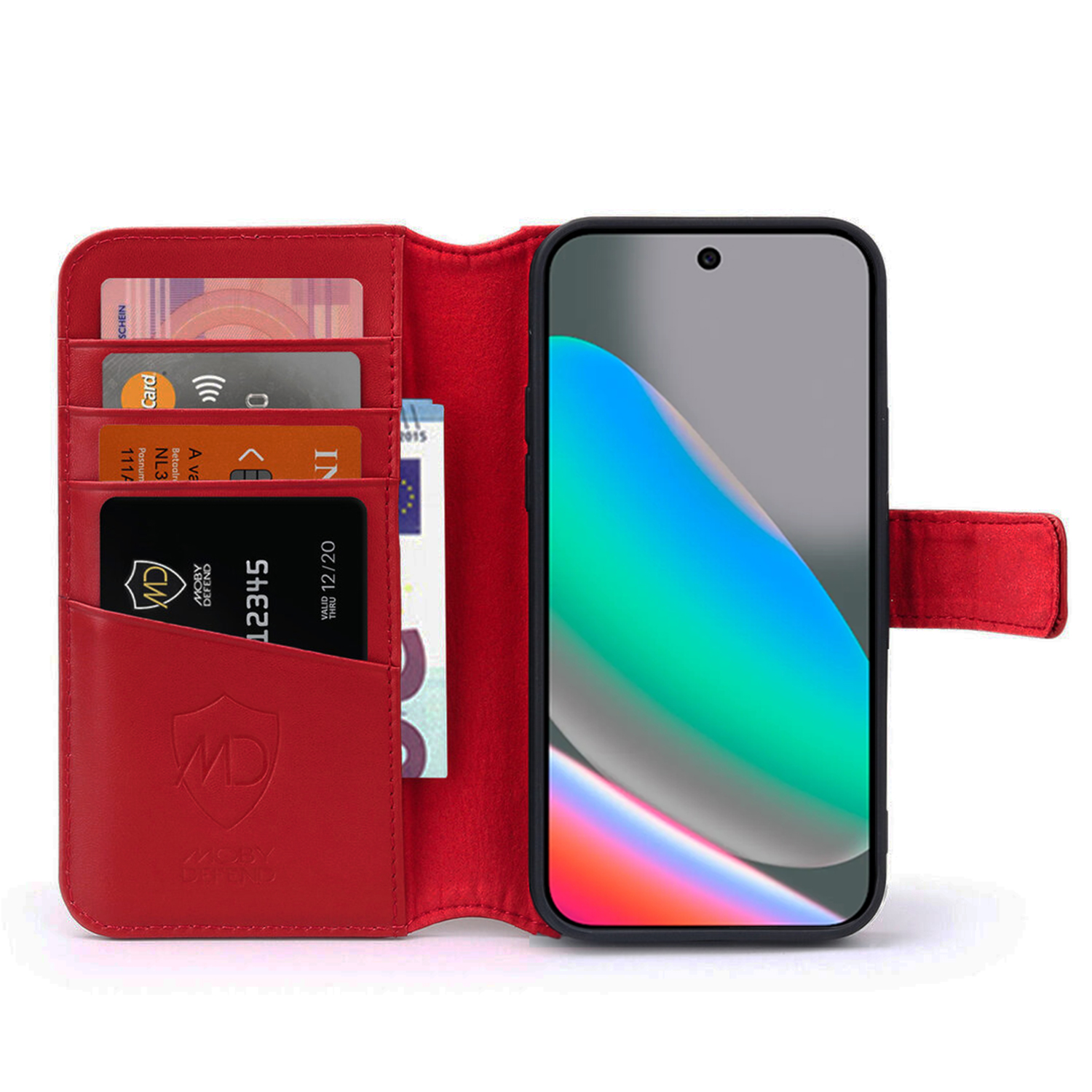Portefeuille rouge ouvert, montrant cartes et téléphone. Cartes incluent cartes de crédit et carte noire. Téléphone affiche bleu, vert et blanc.