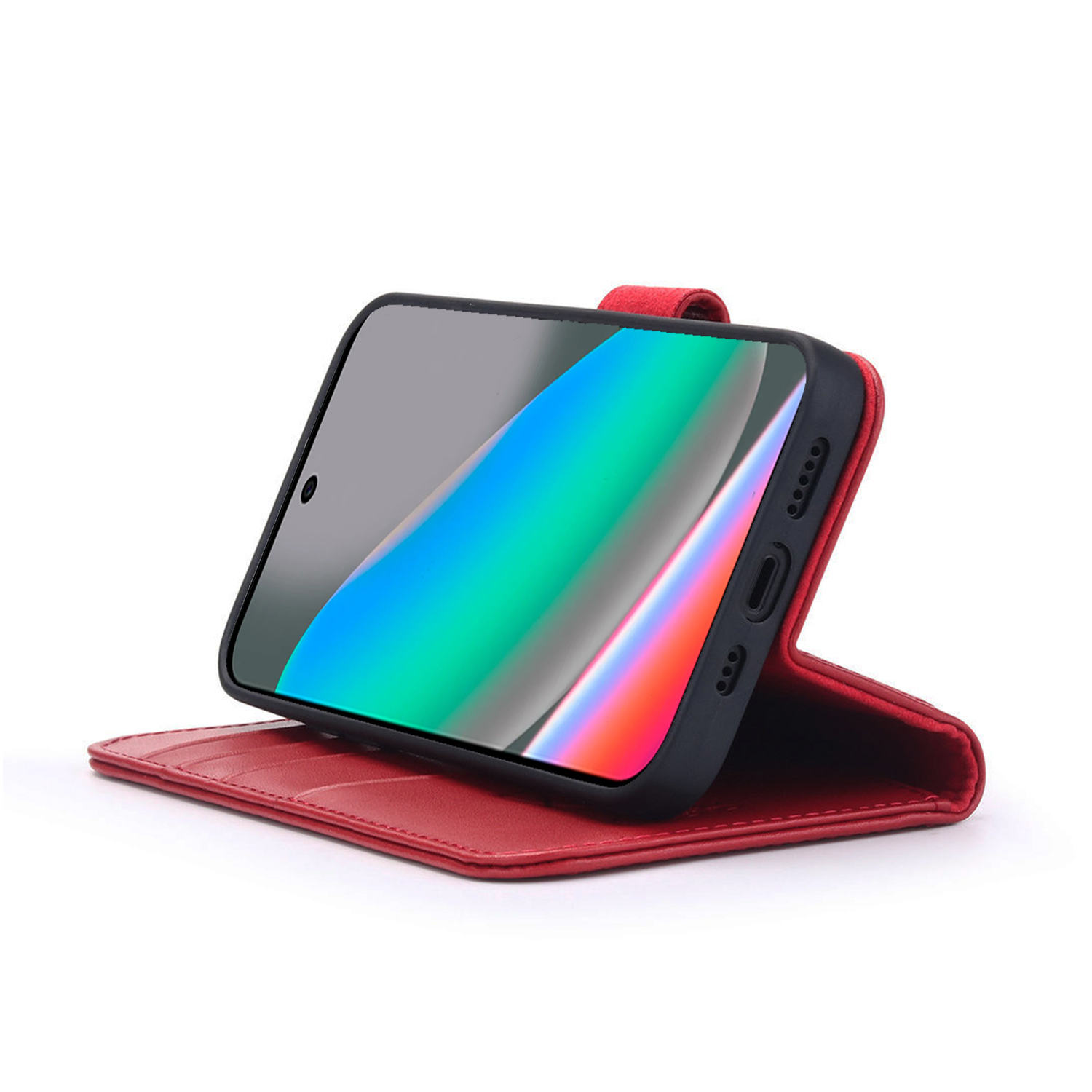 Un étui de téléphone rouge avec un téléphone à l'intérieur. Le téléphone affiche un dégradé coloré. L'étui est ouvert, montrant le porte-cartes.