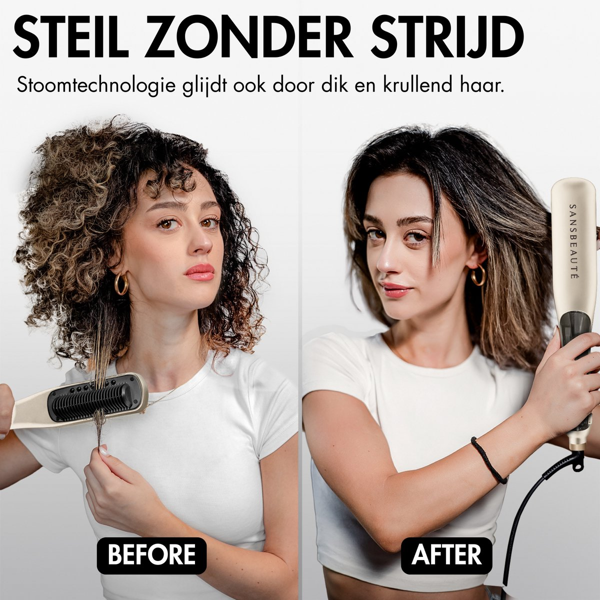 L'immagine mostra il prima e il dopo della lisciatura dei capelli. Una donna liscia i capelli ricci con uno strumento, poi mostra il risultato.