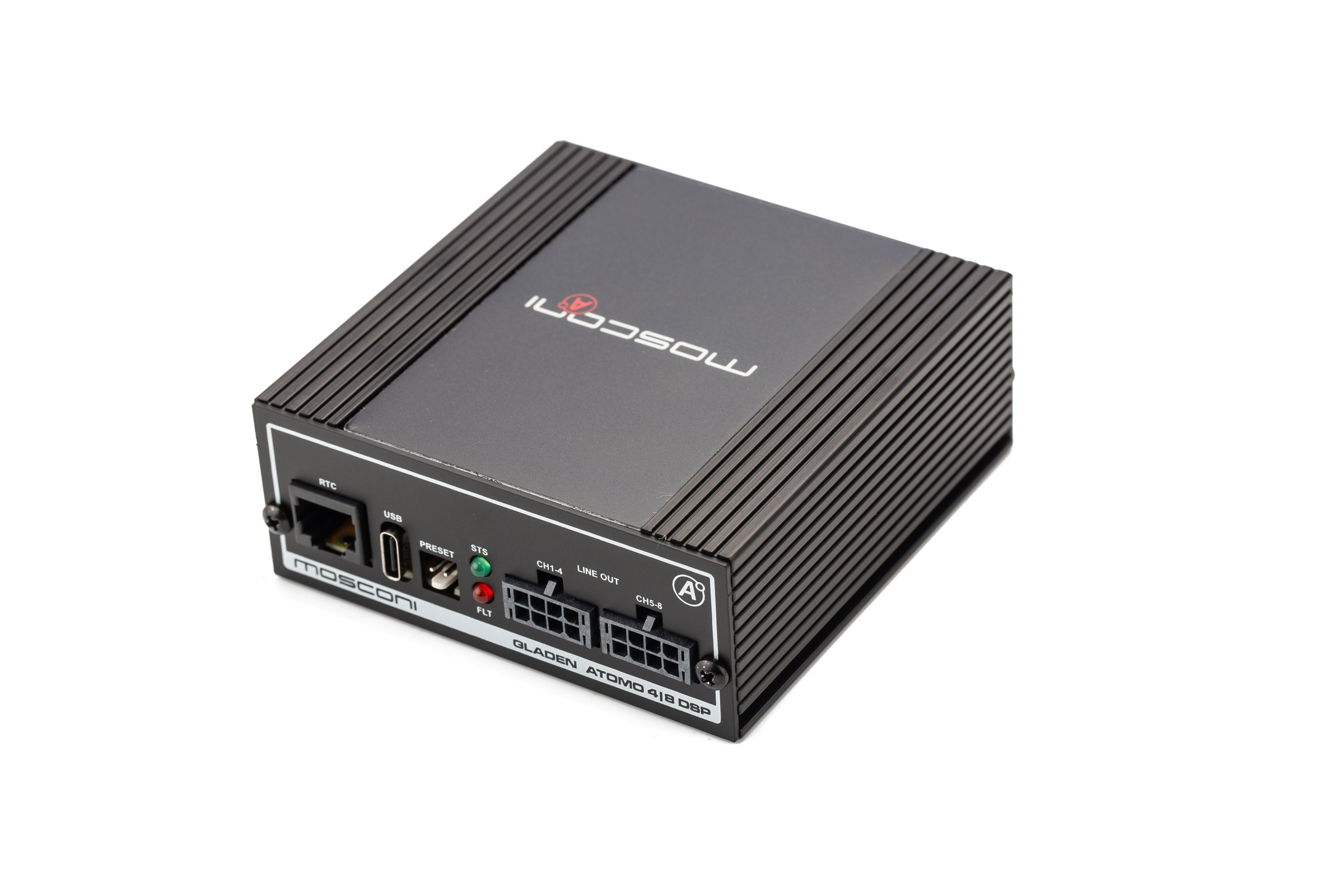 Ein schwarzes elektronisches Gerät mit Anschlüssen und Beschriftungen, mit dem Logo 'Mosconi', vor weißem Hintergrund.