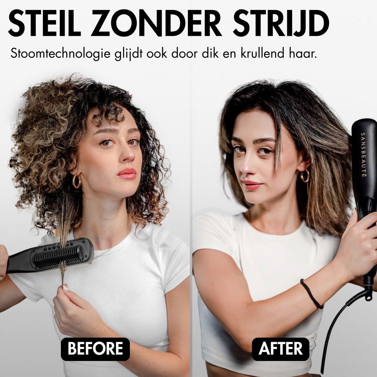 L'immagine mostra la stiratura dei capelli. Una donna tiene una piastra. Prima: capelli ricci, dopo: capelli lisci. Testo: Stile senza fatica.