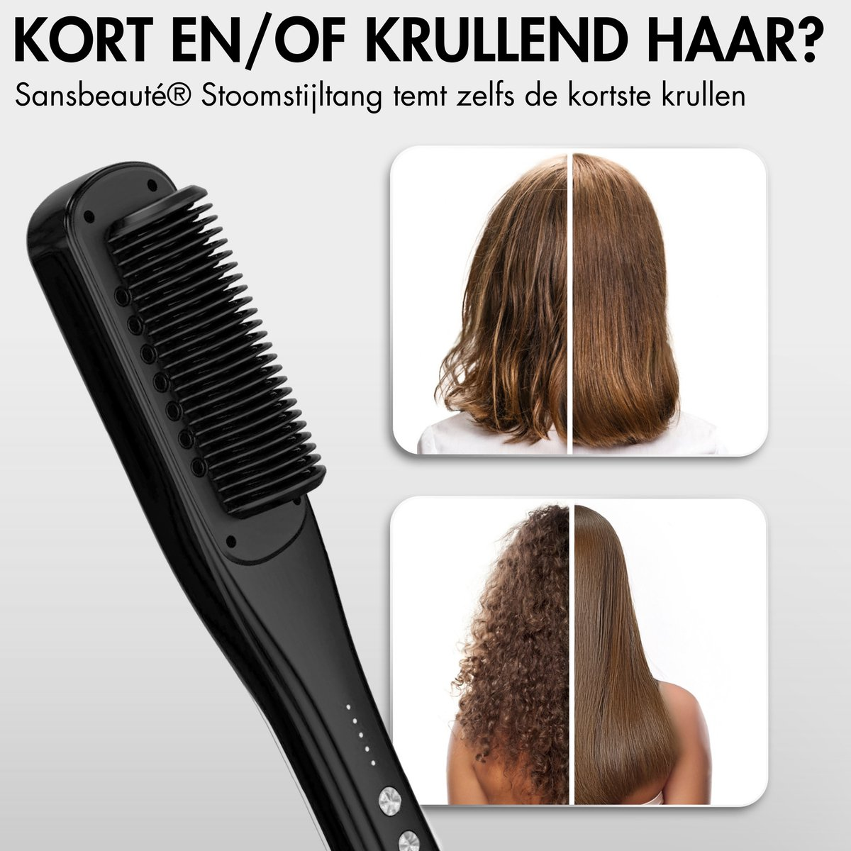 Piastra per capelli nera. Due immagini mostrano capelli ricci prima e lisci dopo l'uso. Testo: 'Kort en/of Krullend Haar?'