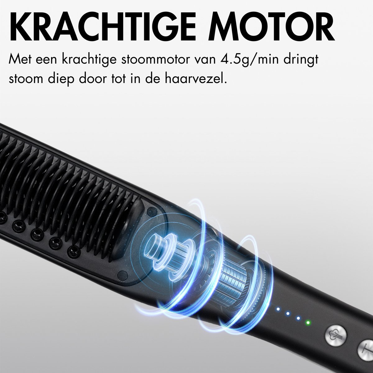 Una piastra per capelli nera con tecnologia a vapore, evidenziata da linee energetiche blu. Il testo in alto dice 'Motore potente'.