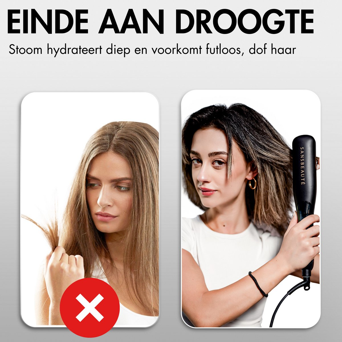 L'immagine mostra una donna con capelli secchi e una 'X' rossa, e un'altra donna che usa una piastra.