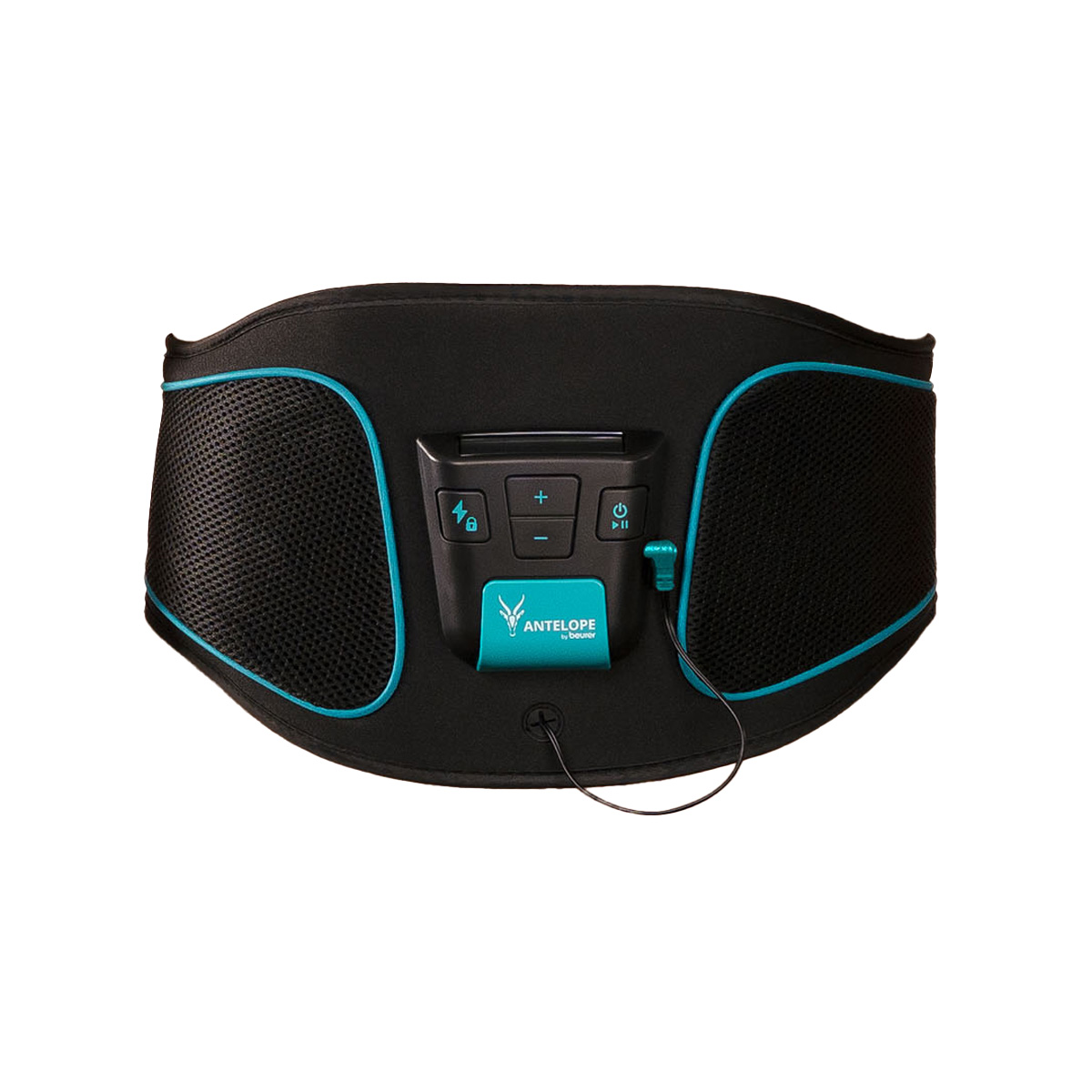 Ceinture de fitness noire et sarcelle. Comprend un panneau de commande avec des boutons et un logo. Côtés en maille, garniture sarcelle et un câble.