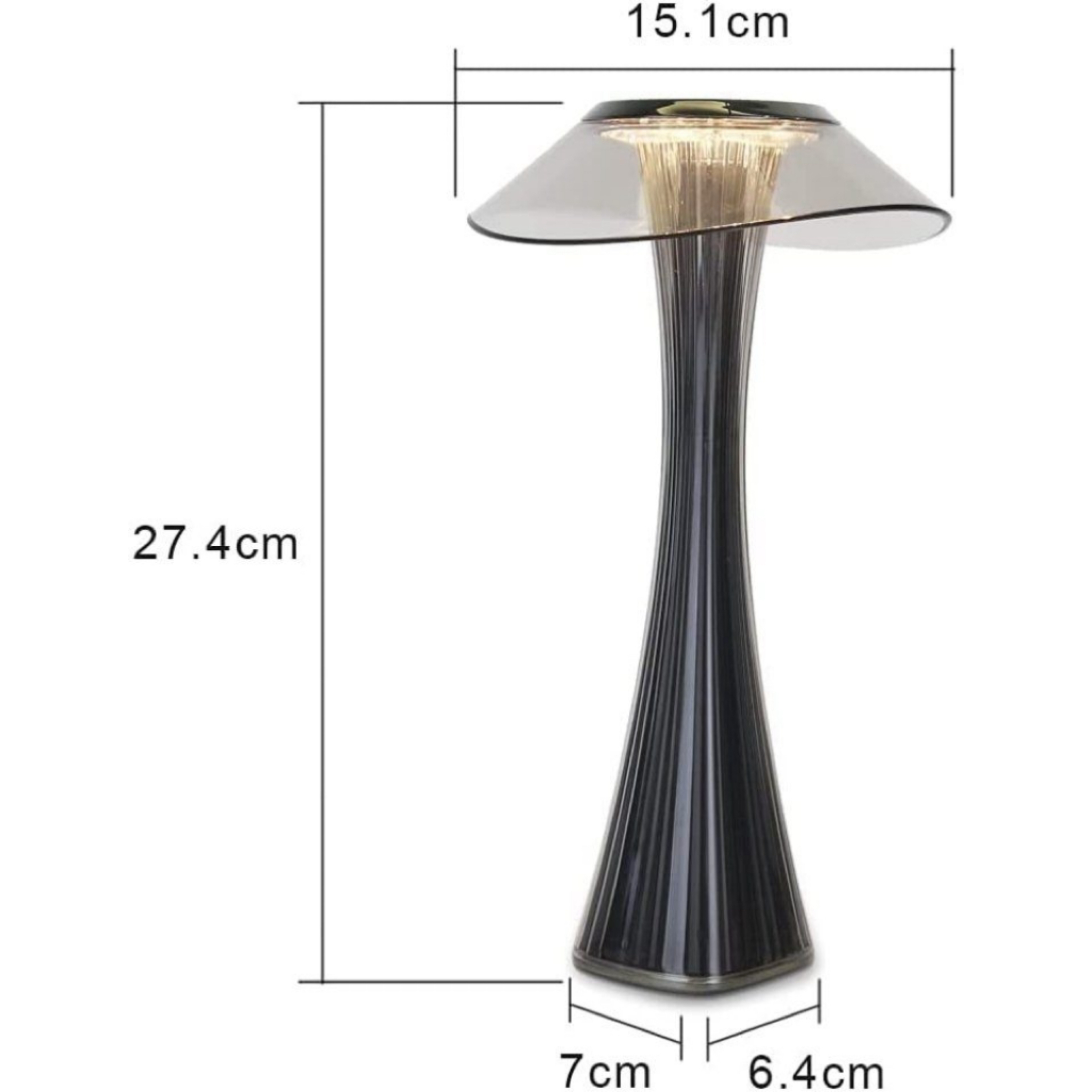 Una lampada nera e trasparente elegante con misure etichettate su sfondo bianco.