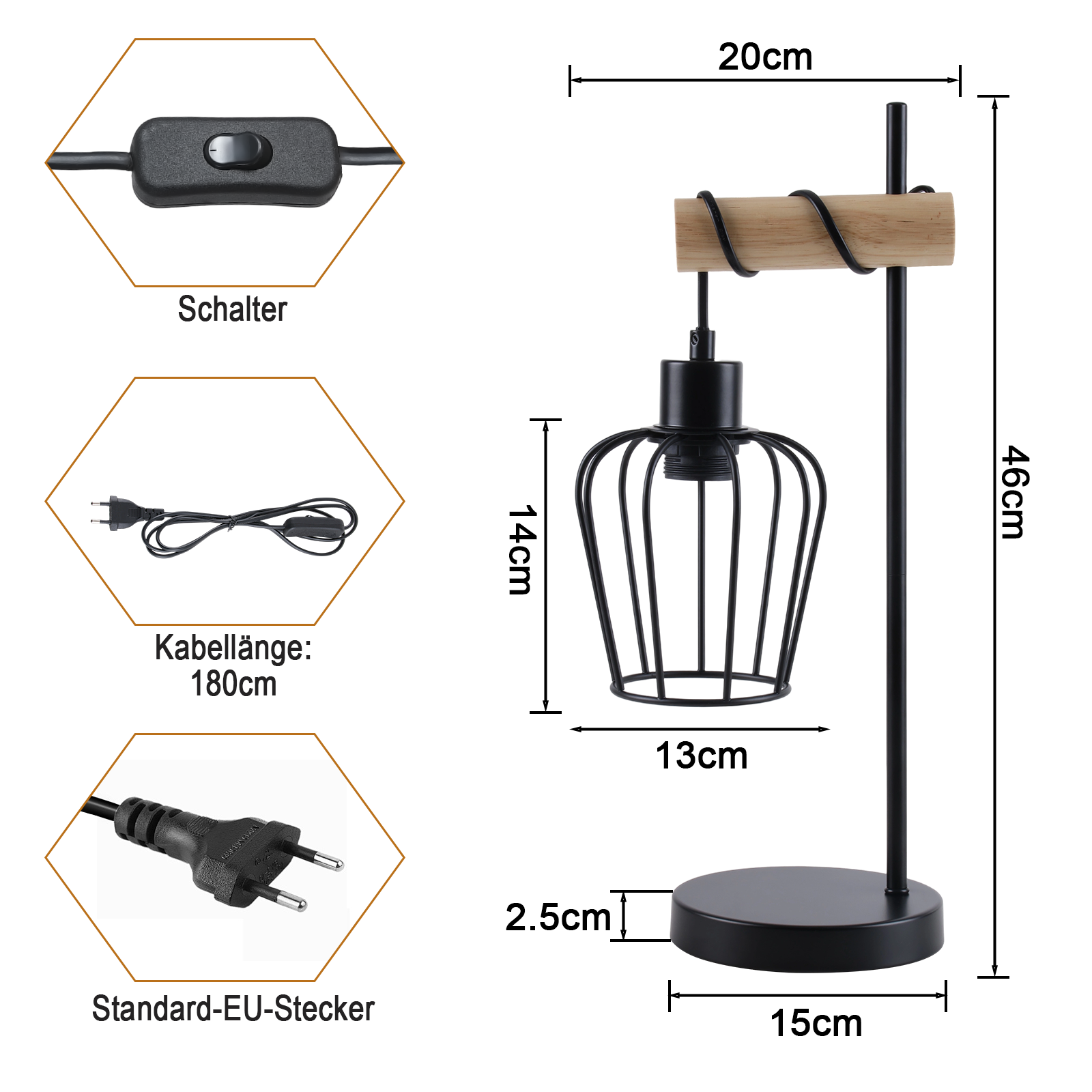 Una lampada da tavolo nera e in legno con dimensioni indicate. Include interruttore, cavo e spina UE.
