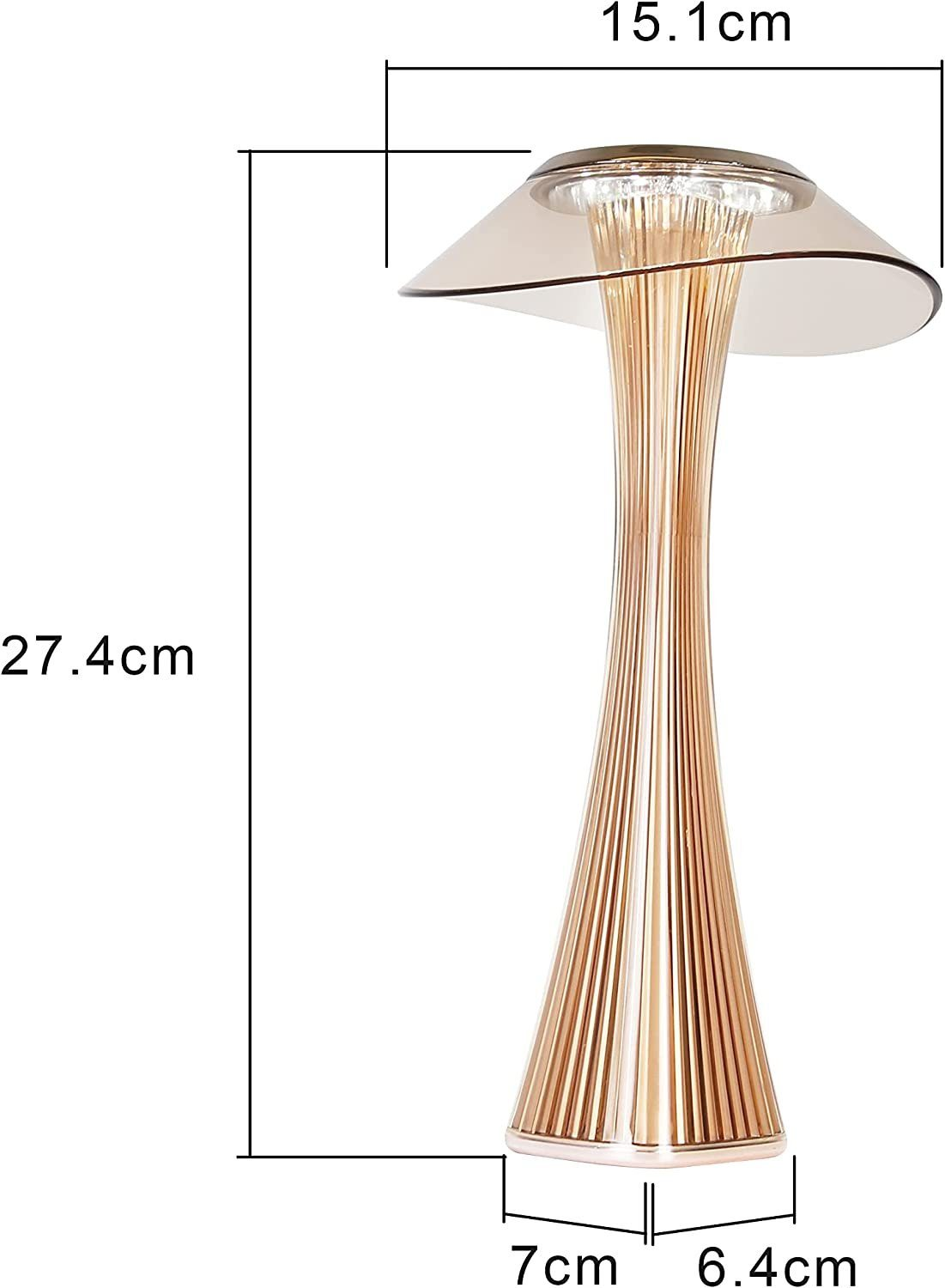 Una lampada dorata con paralume trasparente. Le dimensioni indicate sono: altezza 27,4 cm, larghezza 15,1 cm, base 7 cm x 6,4 cm.