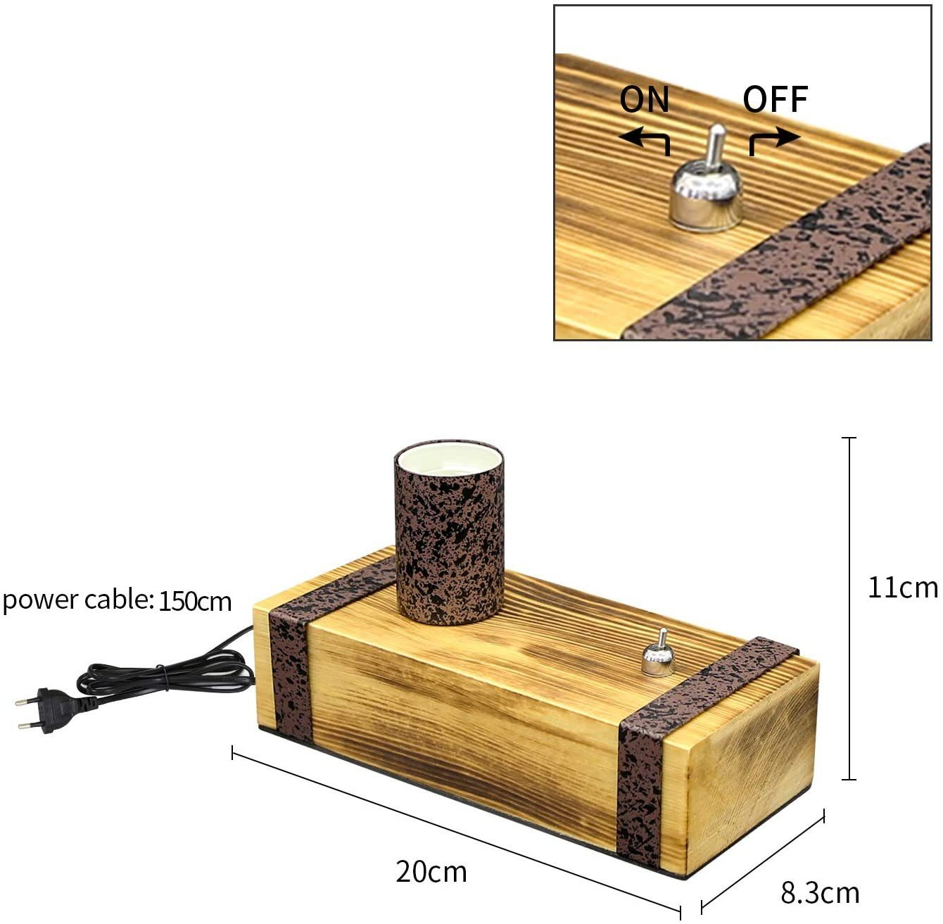 Lampada in legno con paralume cilindrico e interruttore. Cavo di alimentazione collegato. Dimensioni: 20x8,3x11cm.