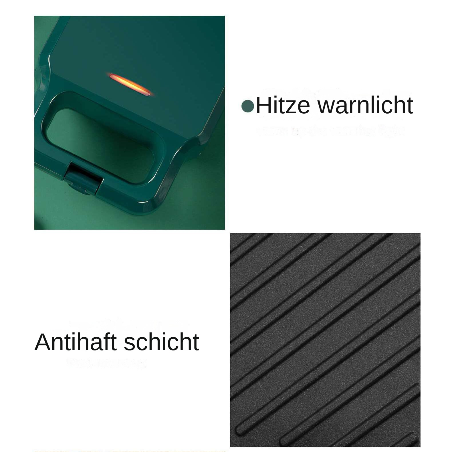 Grüner Waffeleisen mit orangem Licht. Schwarze Oberfläche mit Linien. Text lautet 'Hitze Warnlicht' und 'Antihaftschicht'.