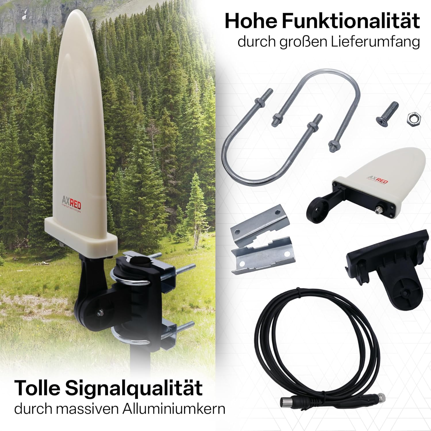 Eine Antenne mit Befestigungsmaterial, einem Kabel und Text auf Deutsch. Der Hintergrund zeigt einen Wald.
