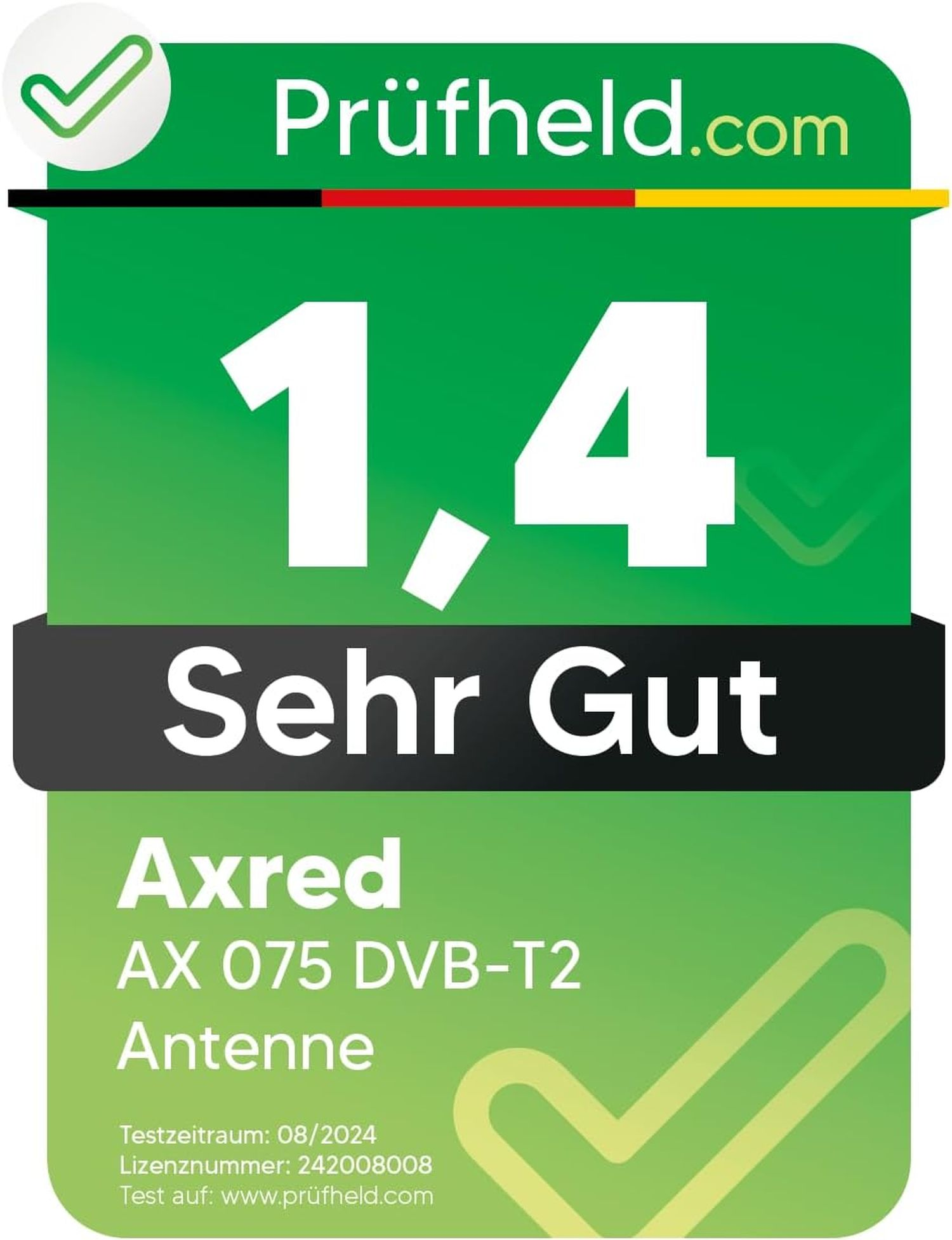Eine grün-weiße Grafik mit Text. Sie lautet 'Prüfheld.com', '1,4 Sehr Gut', 'Axred AX 075 DVB-T2 Antenne'.