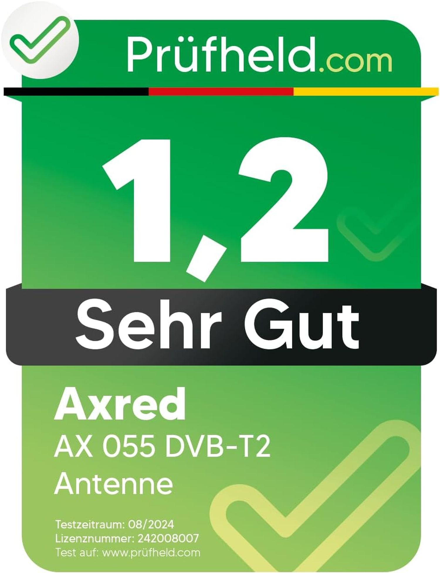 Ein grünes Etikett mit dem Text '1,2 Sehr Gut' und Produktinformationen von Prüfheld.com. Enthält 'Axred AX 055 DVB-T2 Antenne'.