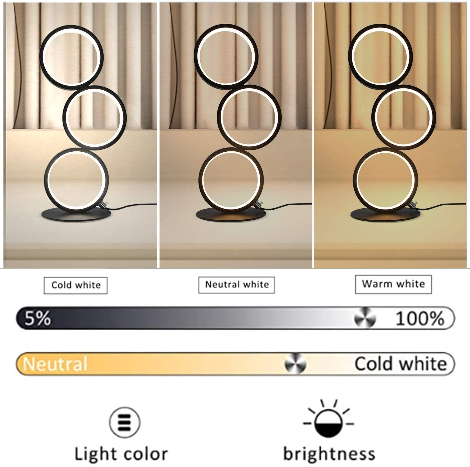 Una lampada moderna con tre luci circolari collegate. Ha colore e luminosità regolabili, da bianco freddo a caldo.