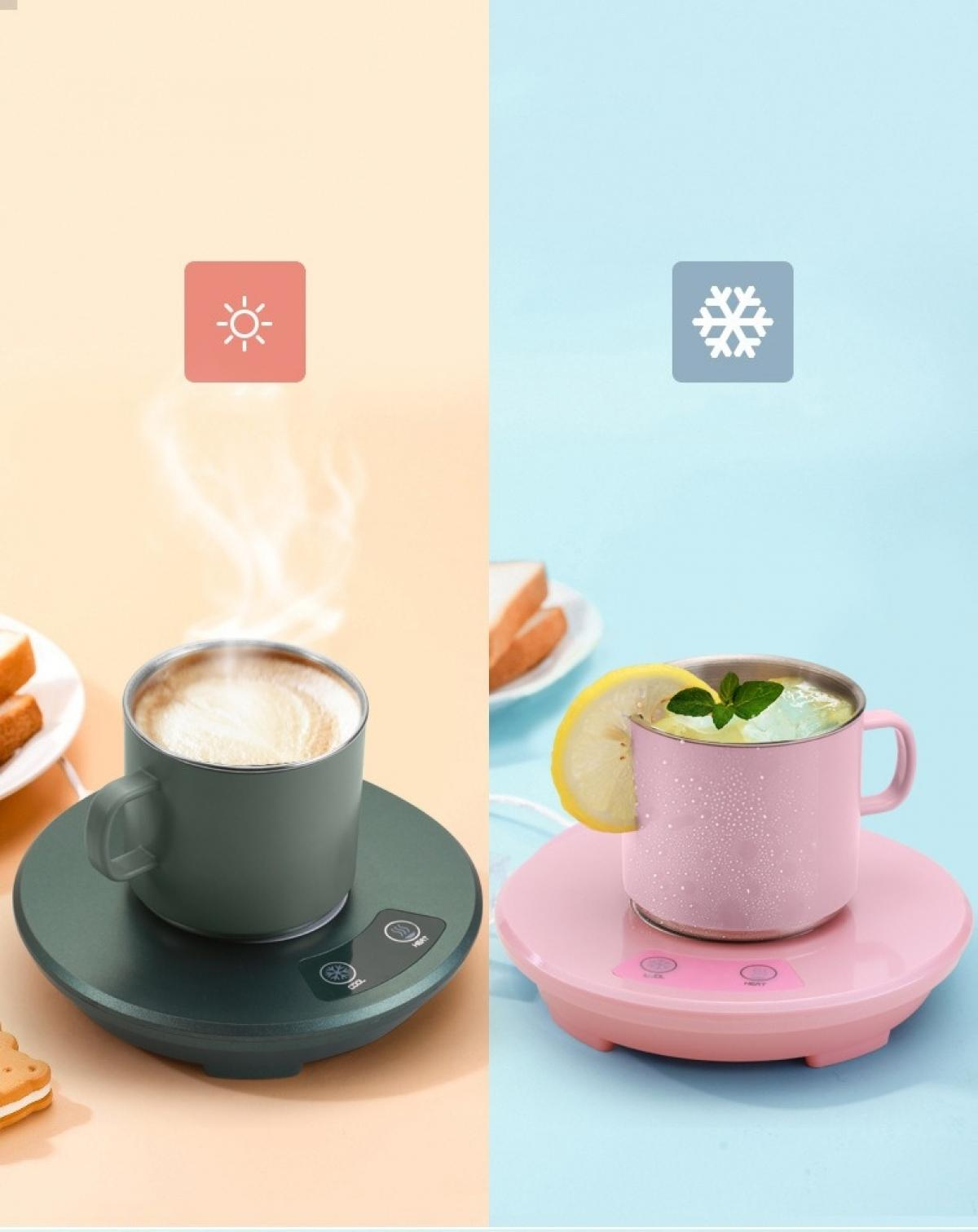 Zwei Tassen, eine grüne mit heißem Kaffee, eine rosa mit Eisgetränk. Beide auf Heiz-/Kühlpads. Sonne- und Schneeflocke-Symbole oben.
