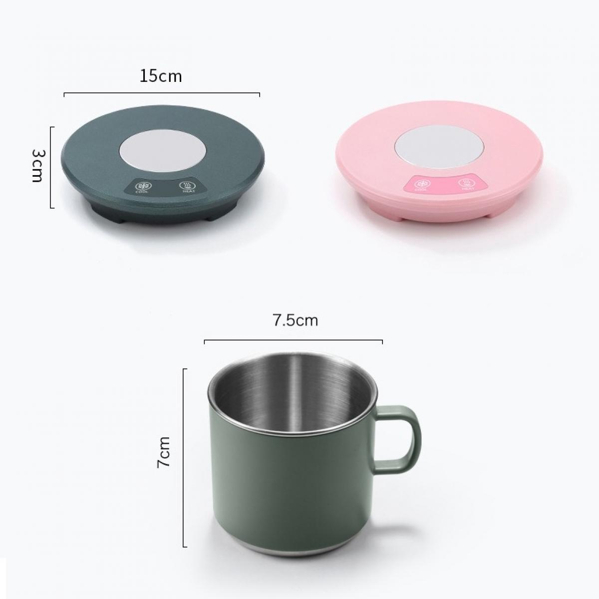 Das Bild zeigt zwei Kaffee-Wärmer, eine grüne Tasse und Abmessungen. Ein Wärmer ist grün, einer ist rosa. Die Tasse ist olivgrün mit silbernem Innenraum.