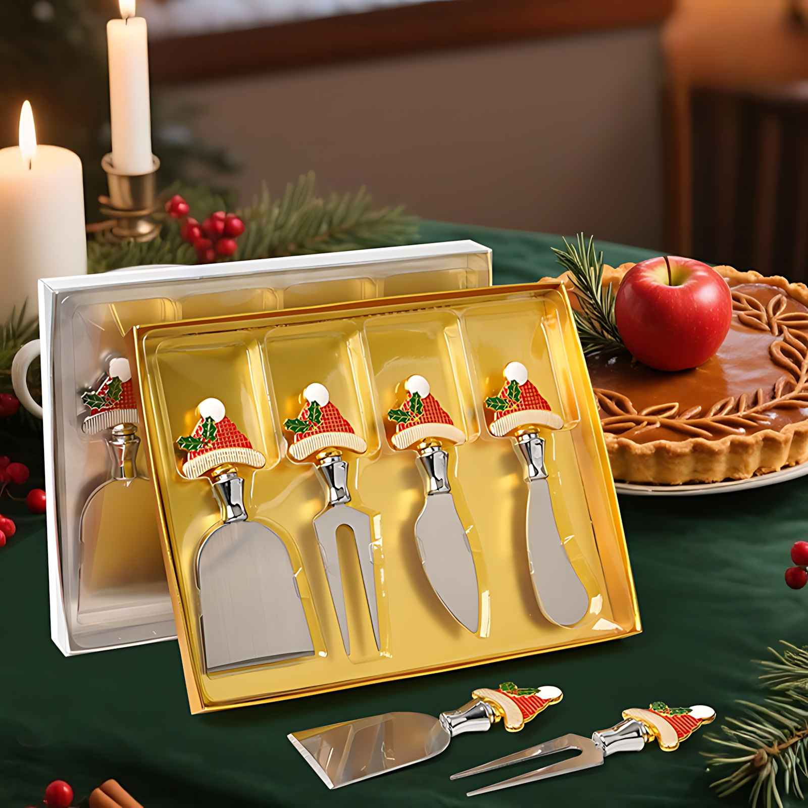 Weihnachtskäsemesser in einer Schachtel. Ein roter Apfel und ein Kuchen sind im Hintergrund. Kerzen und Dekorationen sind ebenfalls vorhanden.