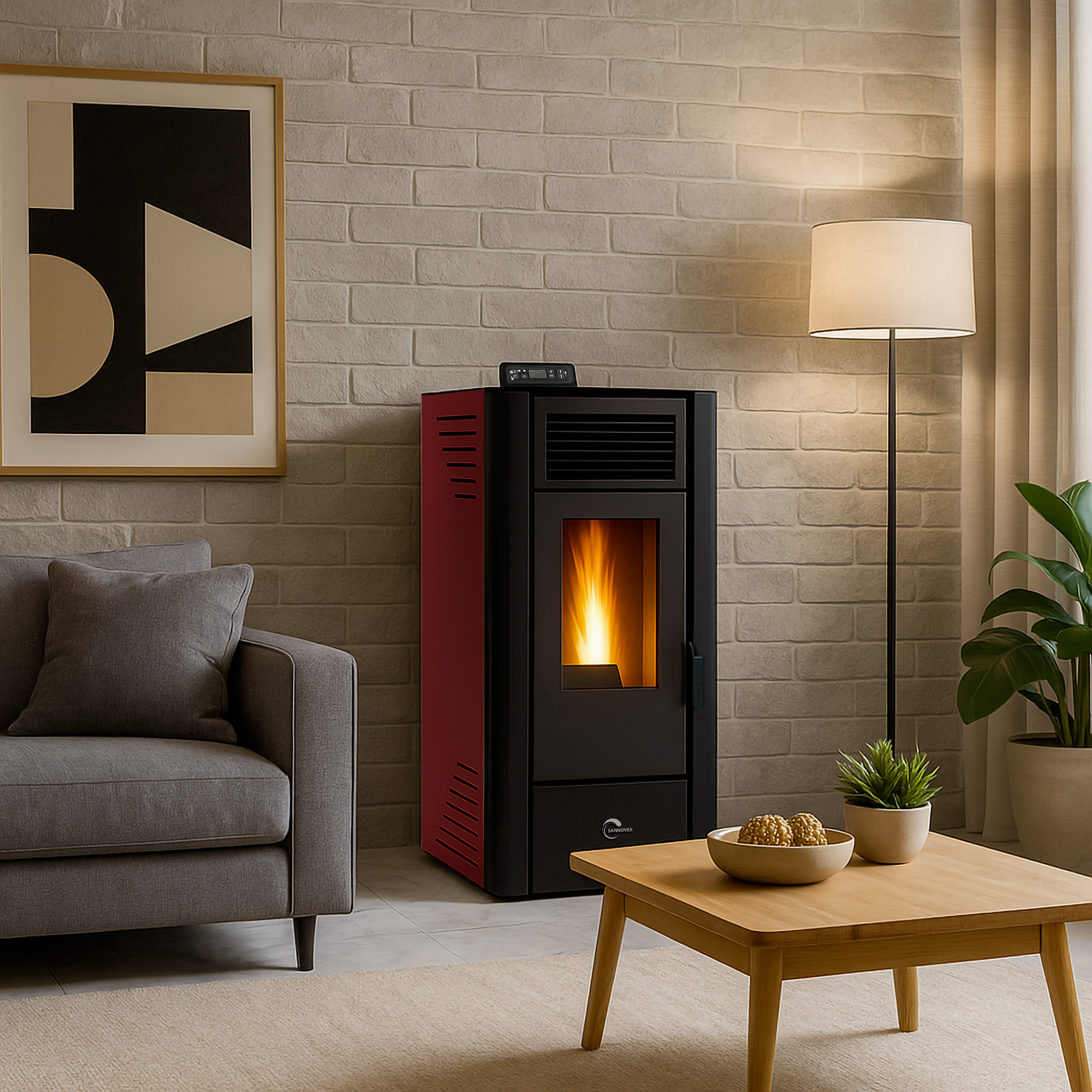 Ein modernes Wohnzimmer mit brennendem Kamin, Sofa, Couchtisch, Stehlampe und Wandkunst. Der Hintergrund ist eine Backsteinmauer.