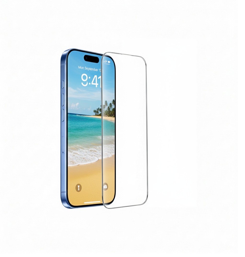 Blaues iPhone mit Displayschutzfolie. Telefon zeigt Strand. Weißer Hintergrund.
