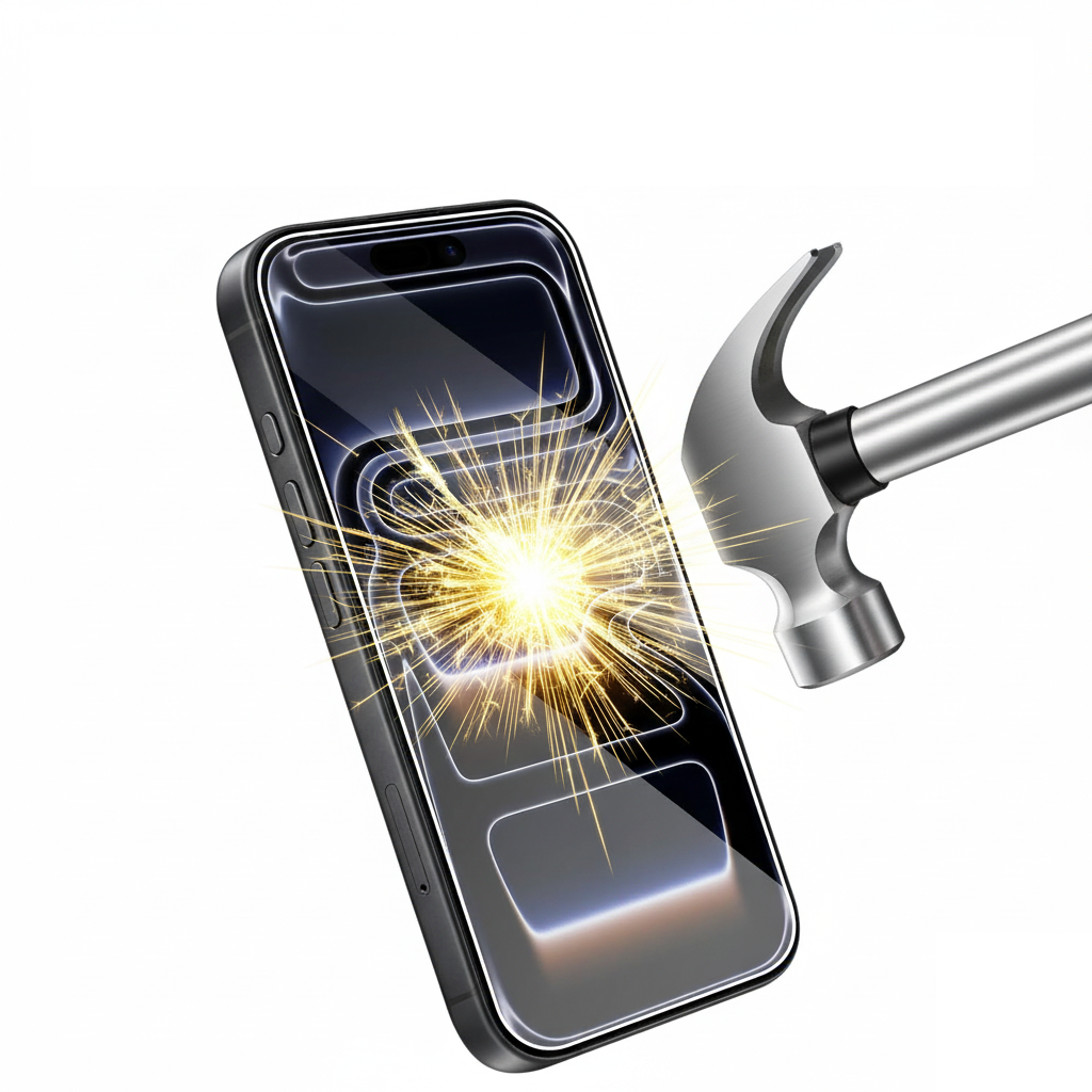 Ein Hammer, der kurz davor ist, ein Smartphone zu treffen. Funken gehen vom Aufprallpunkt aus. Das Telefon ist schwarz mit Displayschutz.