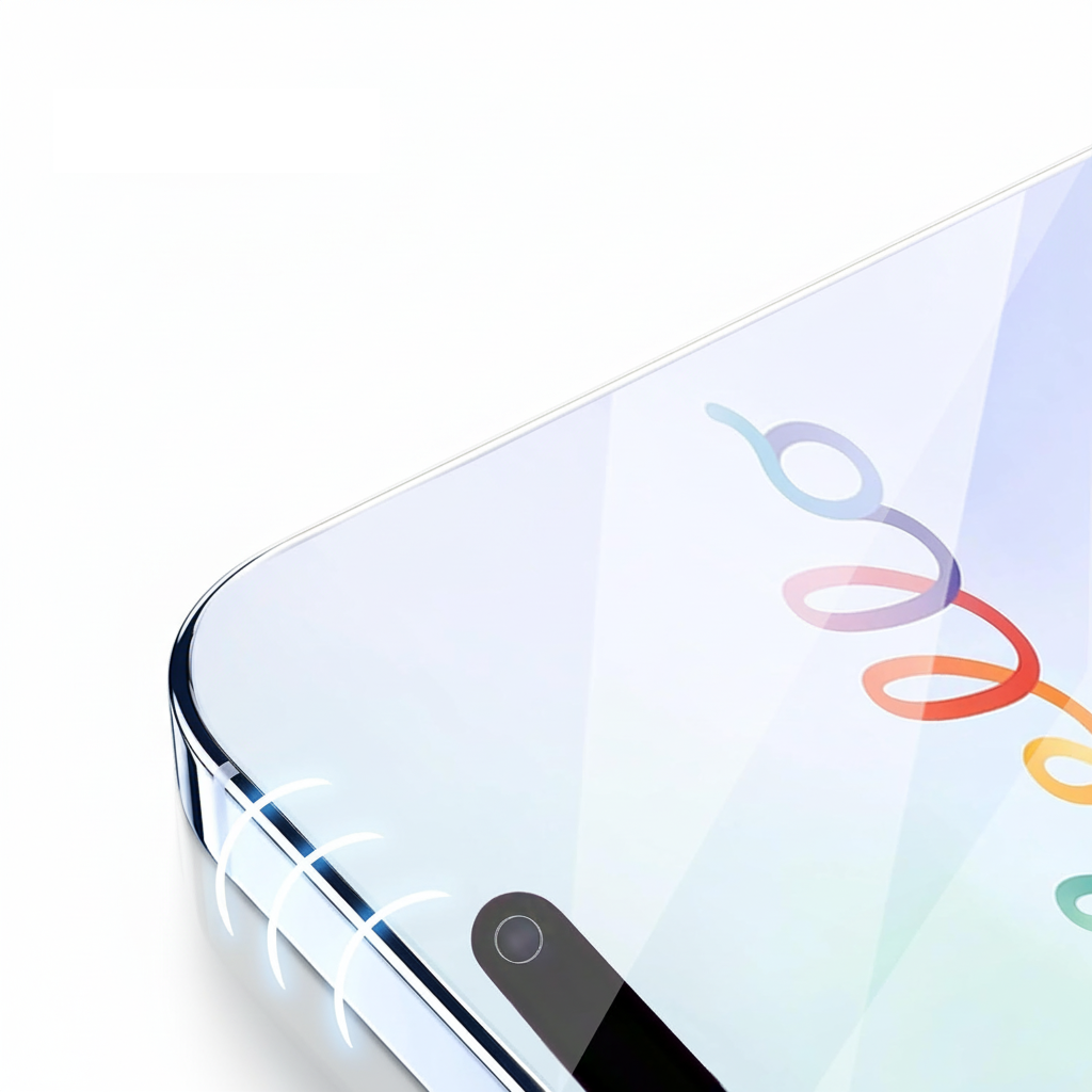Nahaufnahme eines Smartphone-Bildschirms. Ein farbenfrohes, geschwungenes Liniendesign ist sichtbar. Der Bildschirm reflektiert Licht.
