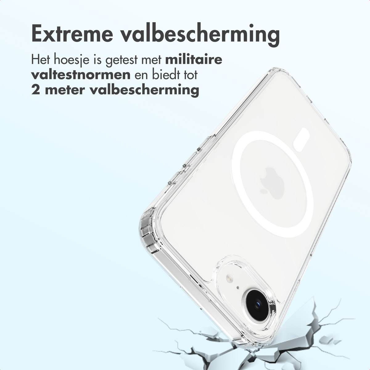 Transparante telefoonhoes, schuin, met een Apple-telefoon. Tekst: Extreme valbescherming, getest met militaire normen, 2 meter bescherming.