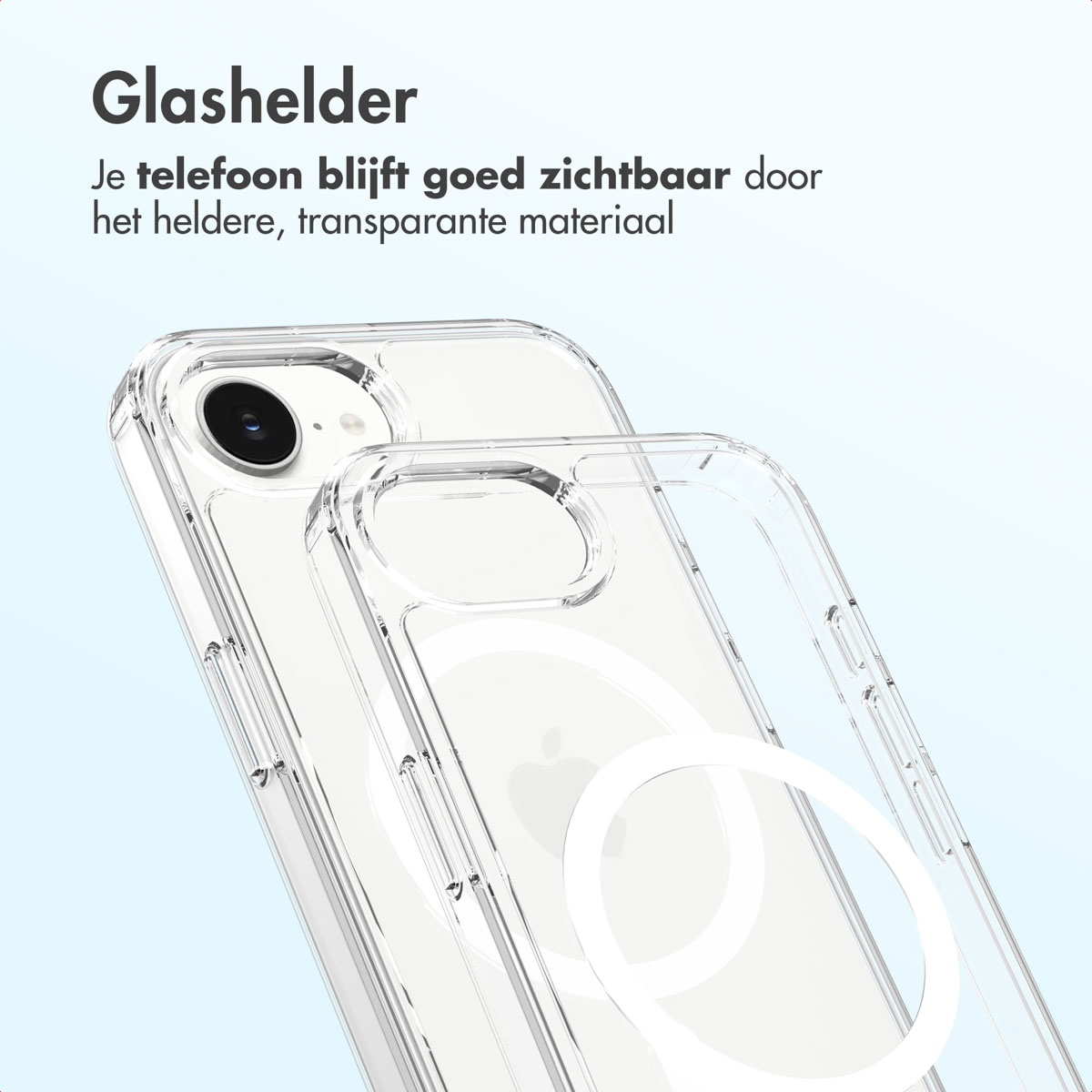 Transparante telefoonhoes. De telefoon is zichtbaar door de hoes. Er zit een witte cirkel op de achterkant.