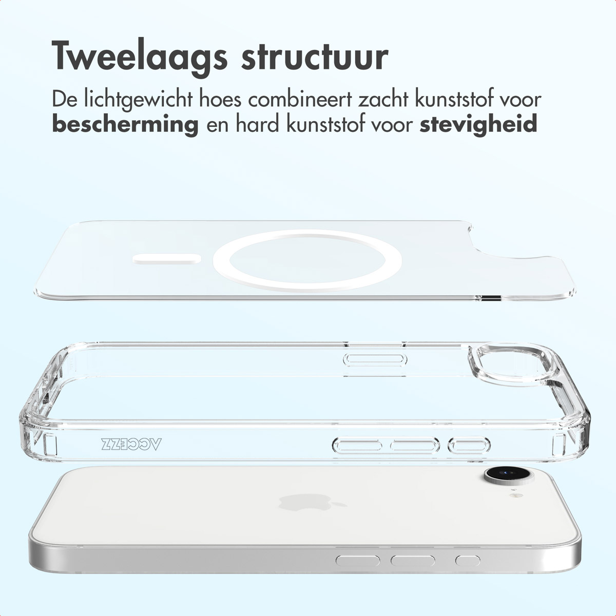 Transparante telefoonhoes met drie lagen. Bovenste laag met cirkel en lijn, middelste hoes en een witte iPhone.