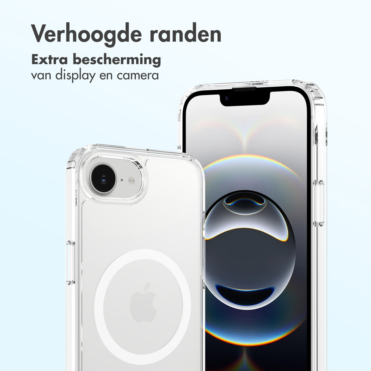 Twee iPhones in transparante hoesjes. Eén toont een wit Apple-logo, de andere een close-up. Tekst: verhoogde randen, extra bescherming.