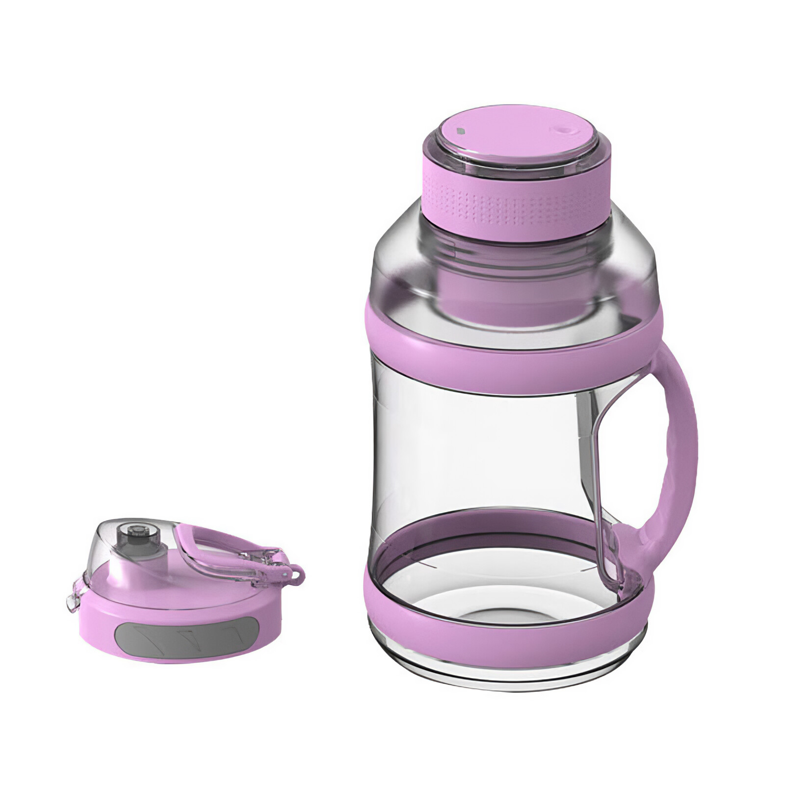 Eine transparente Wasserflasche mit rosa Akzenten. Eine separate rosa Kappe wird gezeigt. Die Flasche hat einen Griff und einen rosafarbenen Deckel.