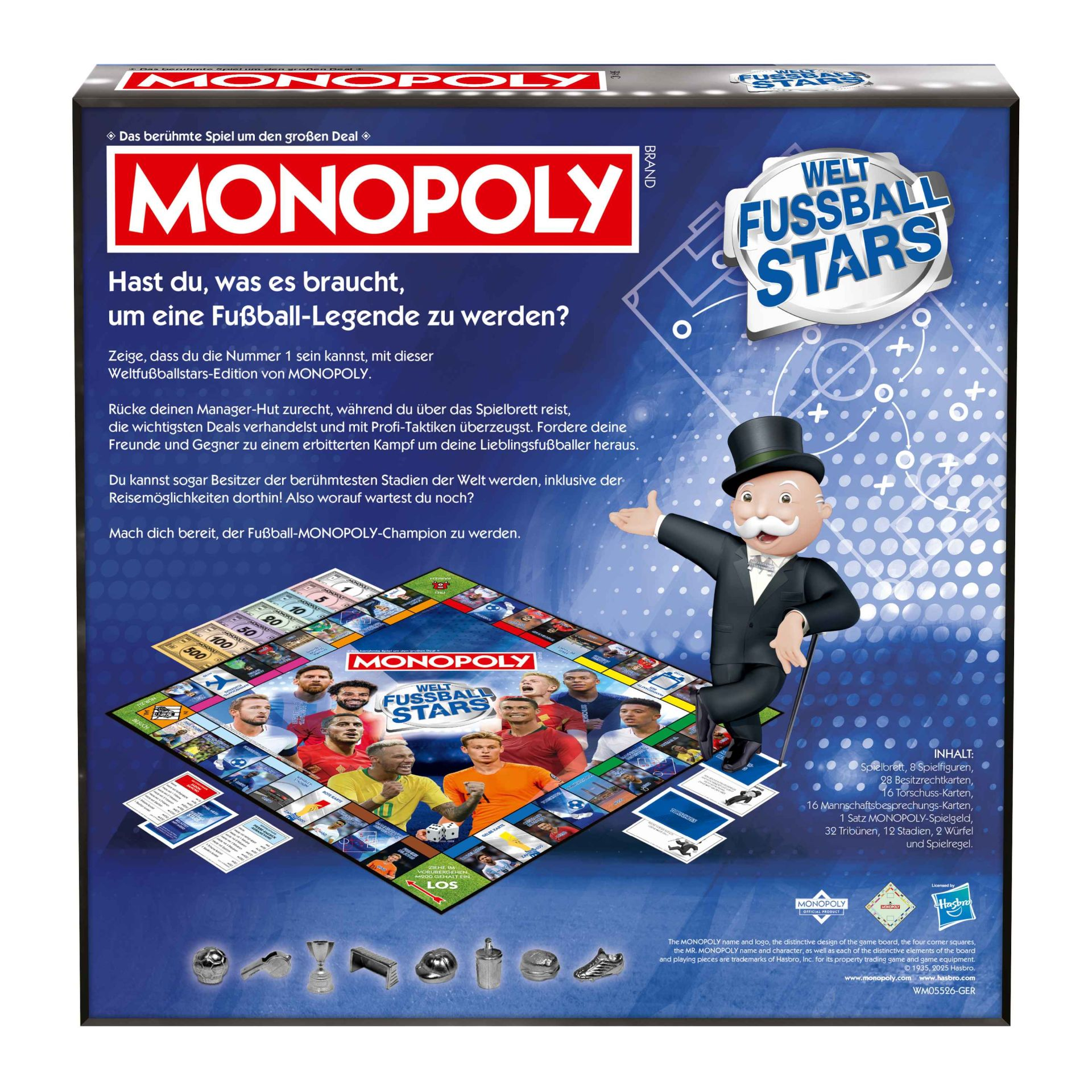 Monopoly Welt Fussball Stars Box. Ein Mann in Anzug und Zylinder steht neben dem Brettspiel.