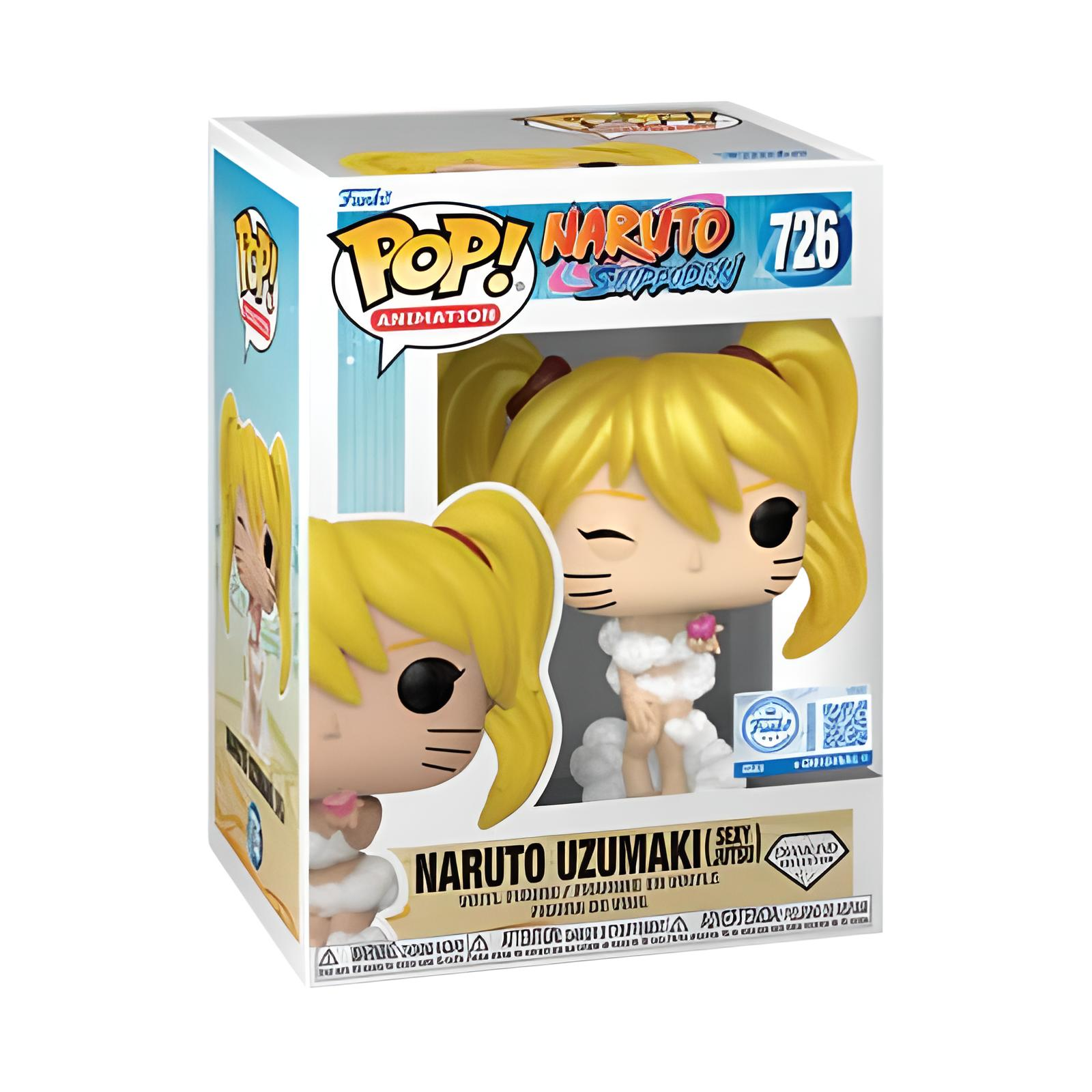 Figura Funko Pop in scatola di Naruto Uzumaki. Capelli biondi, baffi neri, tiene un cuore rosa. Sfondo bianco.